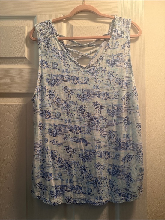 Casey Key Tops - Women’s Light Blue Tropical Print Tank Top with Crisscross Back
